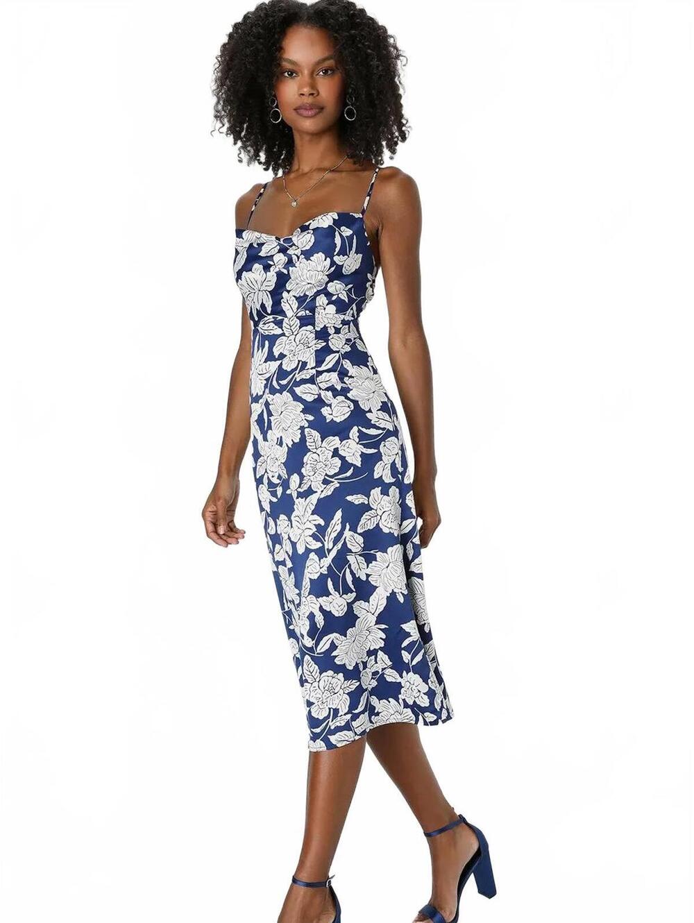 Lulus Floral Satin Midi Dress Navy White Cowl Neck Tie Back Summer Womens XL NWT